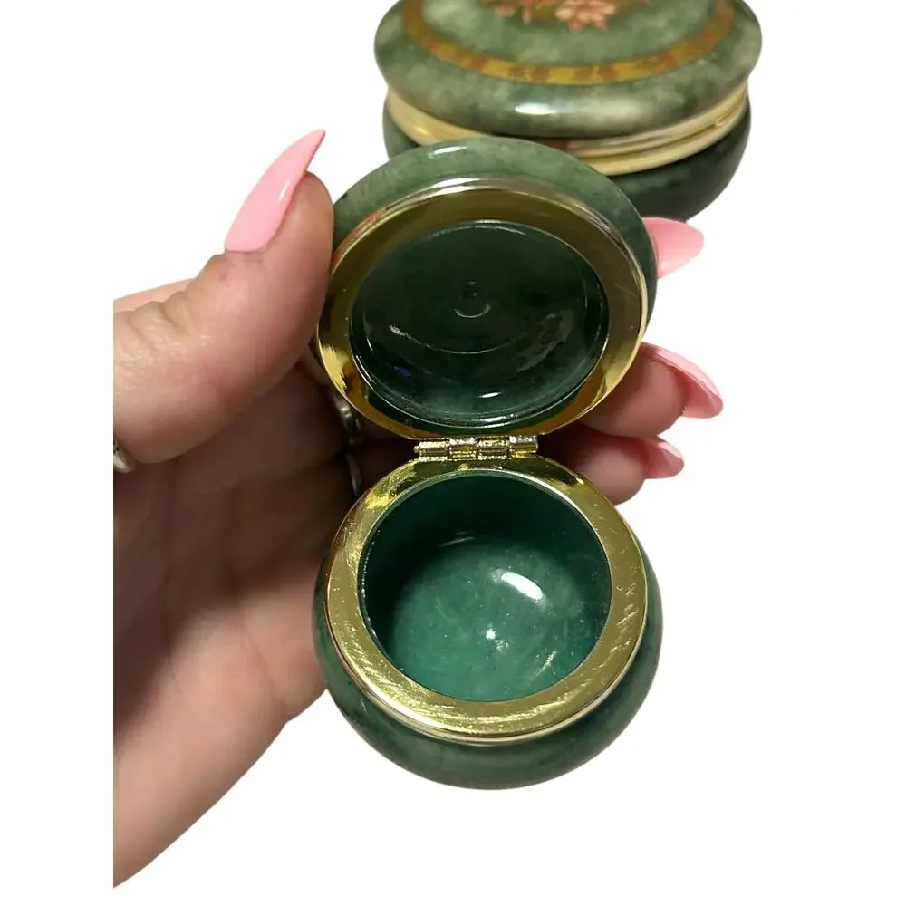 Vintage Green Alabaster Floral Italian Trinket Box (Set of 2)